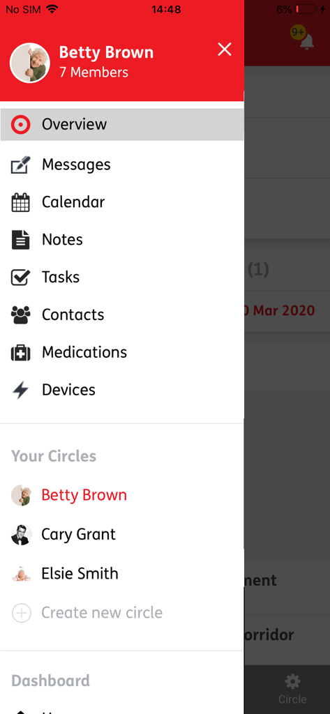 Jointly - Menu di navigazione dell'app Jointly che mostra funzionalità come messaggi, calendario e cerchi di cura