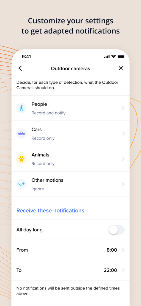 Anpassbare Benachrichtigungseinstellungen für Außenkameras für Personen, Autos und Tiere in der Home + Security App