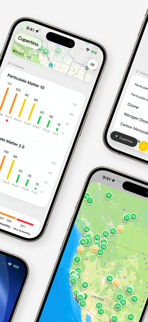 Dusty - Air Quality Visuals - Interface of the Dusty app showing air quality forecasts, pollutant charts, and a global map with AQI markers.