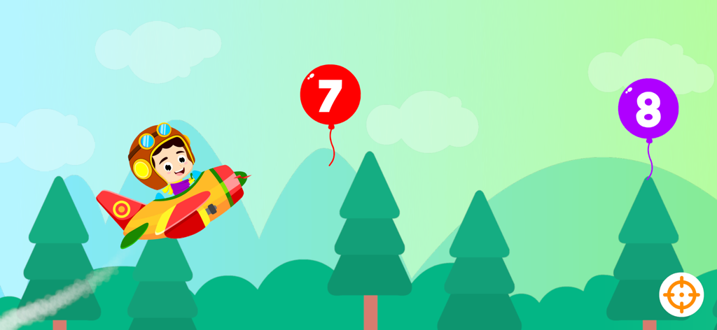 Kids Airplane: Learn ABC & 123 - A cartoon boy pilot flying an airplane to pop number balloons in an educational game