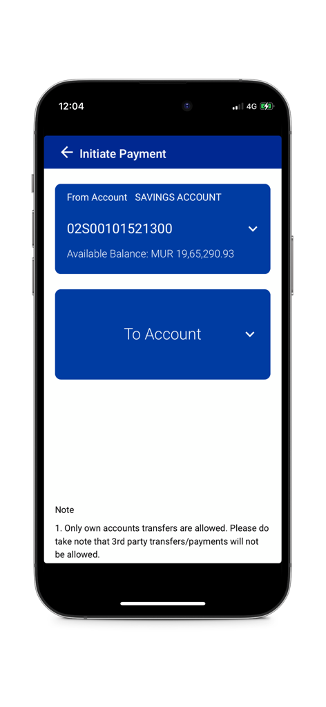 Écran d'initiation de paiement dans l'application MHC Mobile montrant la sélection du compte pour les virements de fonds internes.
