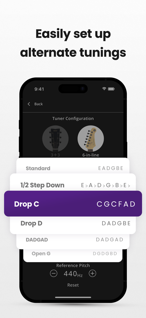Yamaha guitar tuner app interface showing a list of alternate tuning options including Drop C and Drop D