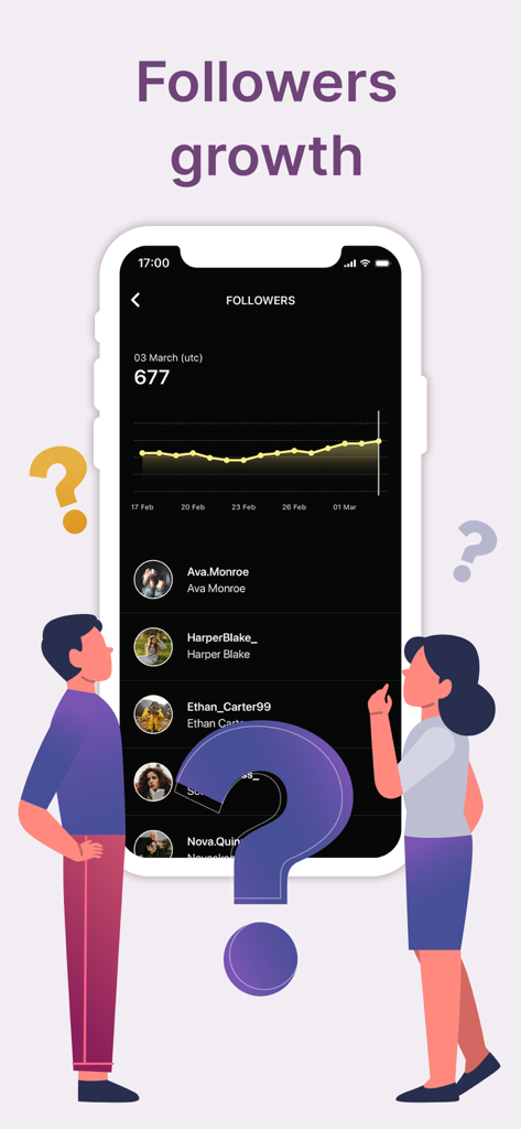 Una interfaz de aplicación móvil que muestra un gráfico de crecimiento de seguidores y una lista de seguidores de Instagram.