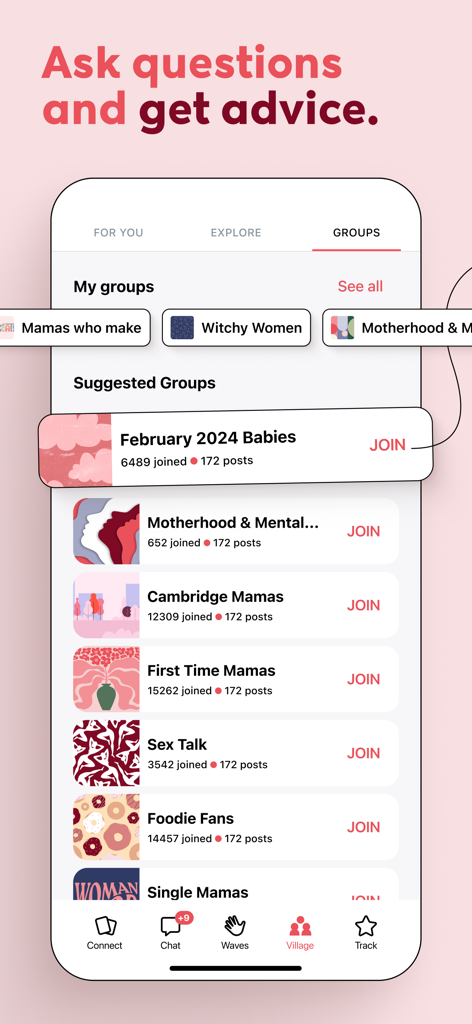 Peanut app interface showing various motherhood and parent interest groups to join for support and advice.