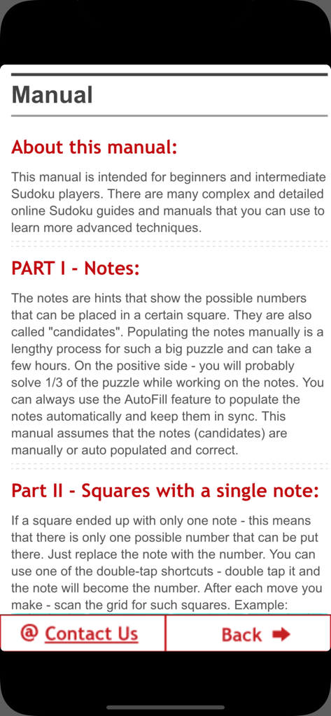 Manual dentro del juego para Sudoku 16x16 que explica las notas del puzzle e instrucciones de estrategia