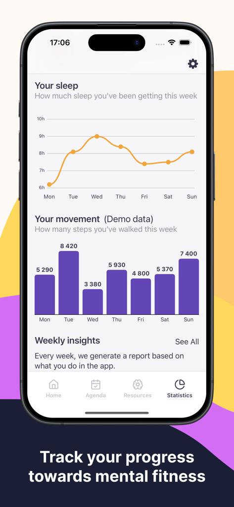 Remente: Self Care & Wellbeing - Remente app statistics screen showing sleep and daily movement tracking charts.