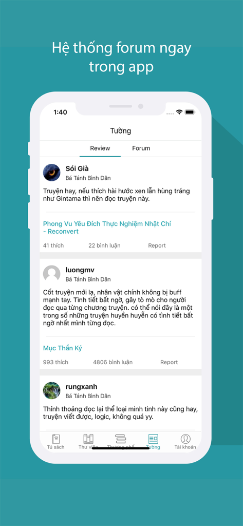 A screenshot of the in-app community forum and user reviews section within the Tàng Thư Viện app