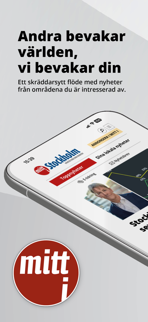 Lokaltidningen Mitt i - 스톡홀름 지역 뉴스를 위한 Lokaltidningen Mitt i 뉴스 앱 인터페이스를 표시하는 스마트폰