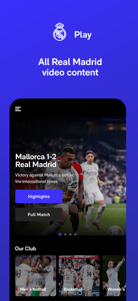 RM Play - Oberfläche der RM Play App, die Real Madrid Spielzusammenfassungen und Sportkategorien für Männer und Frauen anzeigt.