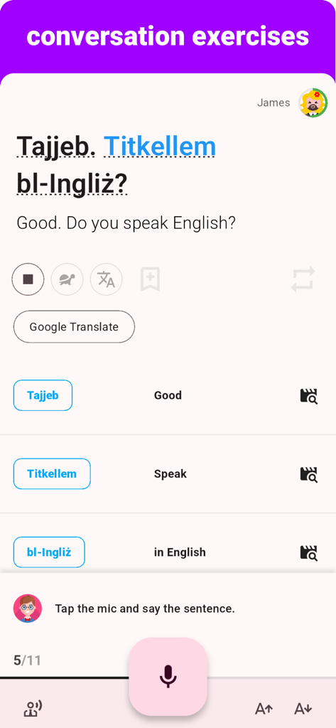 Interfaz de la aplicación de aprendizaje de idiomas malteses que muestra un ejercicio de conversación con texto y un botón de micrófono para practicar el habla.