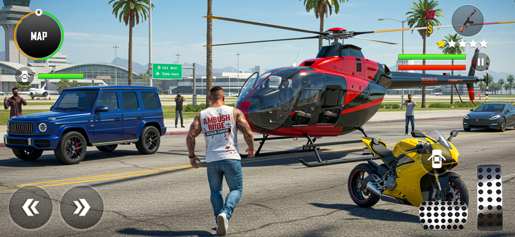 A character walking toward a red helicopter, blue SUV, and yellow motorcycle at an airport in Ambush Mafia Gangster Games.