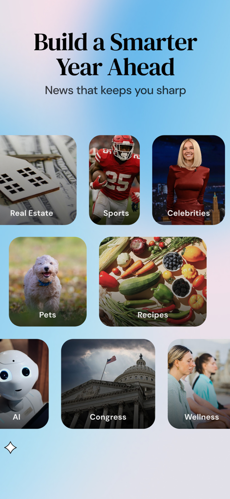 SmartNews 앱 인터페이스에 스포츠, 의회, 웰빙을 포함한 다양한 뉴스 카테고리가 표시되고 있습니다.