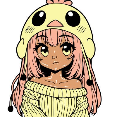 anime girl with chick shaped hat with sweater with bare shoulders with bangs covering them one eye with low tail