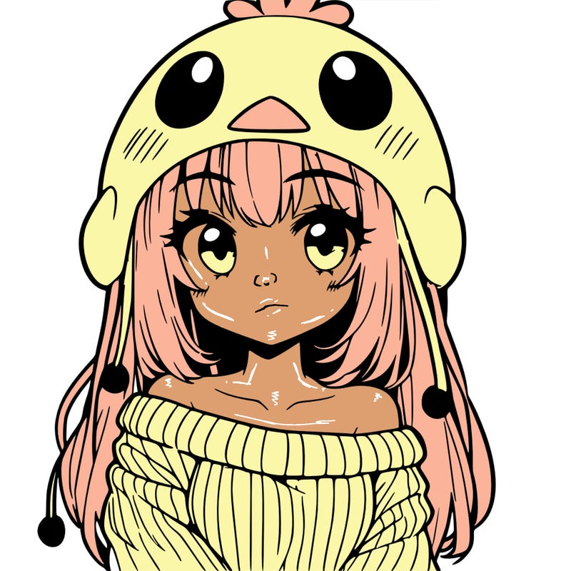 anime girl with chick shaped hat with sweater with bare shoulders with bangs covering them one eye with low tail