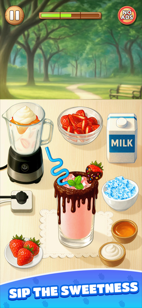 Cooking ASMR: Foodie Cook Game - 居心地の良いキッチンの設定で、チョコレートとホイップクリームのトッピングが乗ったおいしいストロベリーミルクシェイク