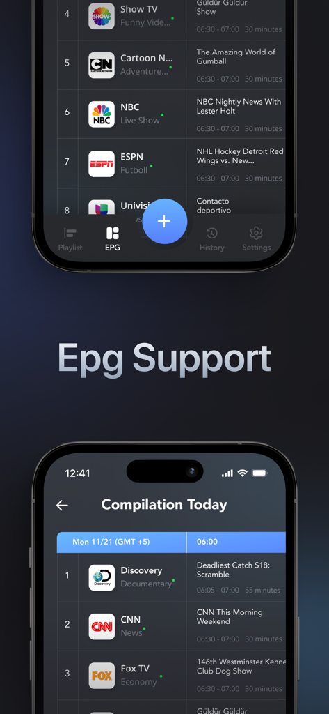 Interfaz del reproductor GSE Smart IPTV mostrando la Guía Electrónica de Programación con horarios de canales como NBC, ESPN y CNN.