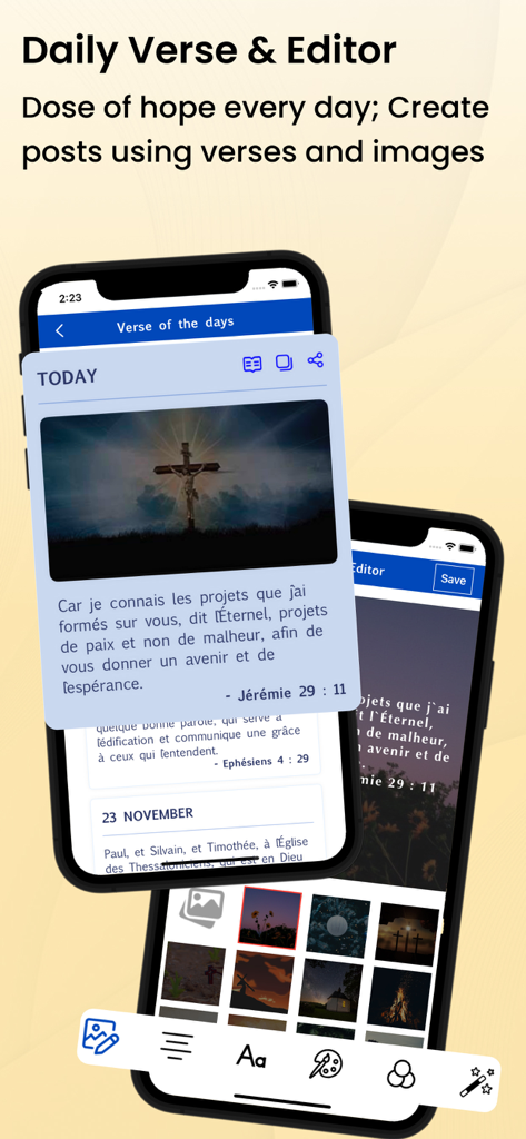 French Bible - La Bible - French Bible app daily verse interface and social post editor with Jeremiah 29 11
