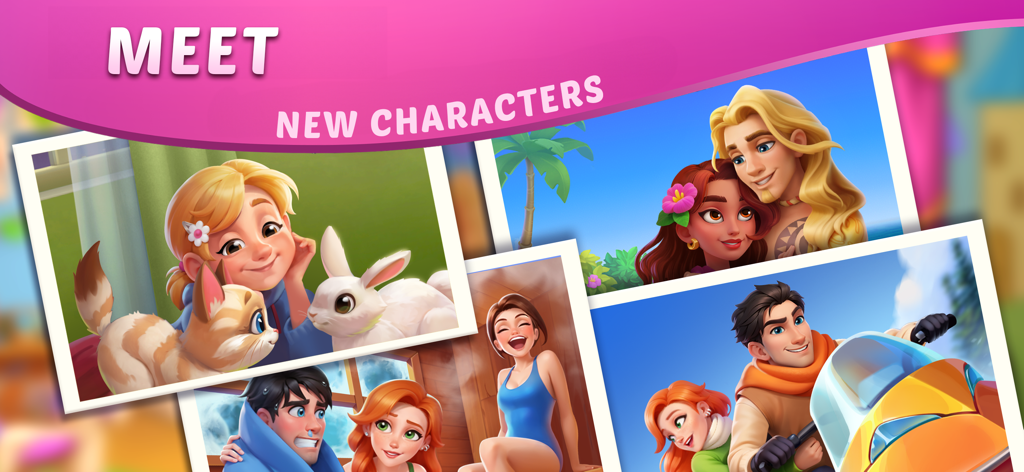 DesignVille: Merge & Design - '새로운 캐릭터 만나기' 배너 아래 DesignVille 게임의 다양한 매력적인 캐릭터 사진 콜라주