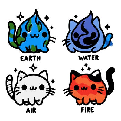 4 cats that represent the different elements, earth, water, air, and fire