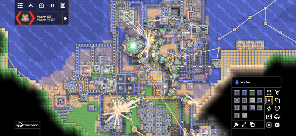 Mindustry - Top down view of a complex industrial base in Mindustry featuring conveyor belts power lines and defensive turrets