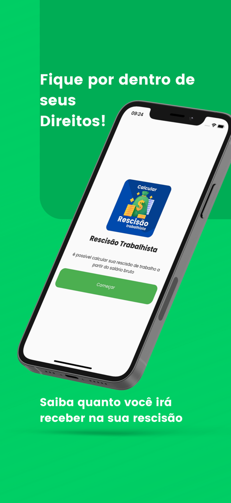 Smartphone exibindo a tela inicial do aplicativo Calcular Rescisao Trabalhista para cálculos de leis trabalhistas brasileiras