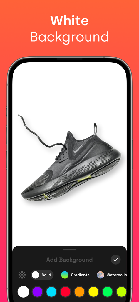 Background Eraser AI - A black sneaker on a professional white background edited with the Background Eraser AI mobile app.