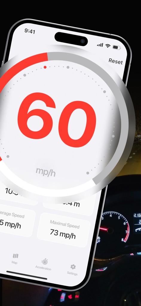 Interfaz de la aplicación de velocímetro digital que muestra la velocidad actual y las métricas de seguimiento