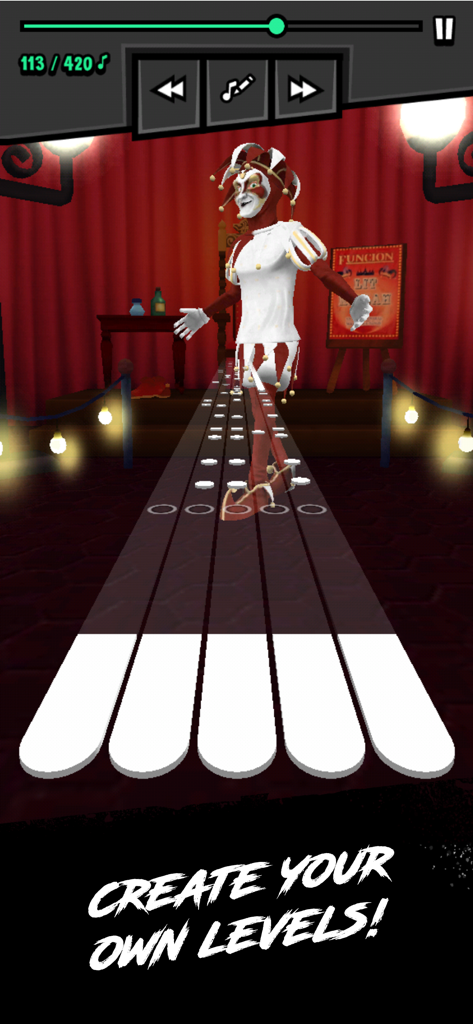 LIT killah: The Game - Gameplay of LIT killah music rhythm game featuring a character in a jester costume and text about creating custom levels.