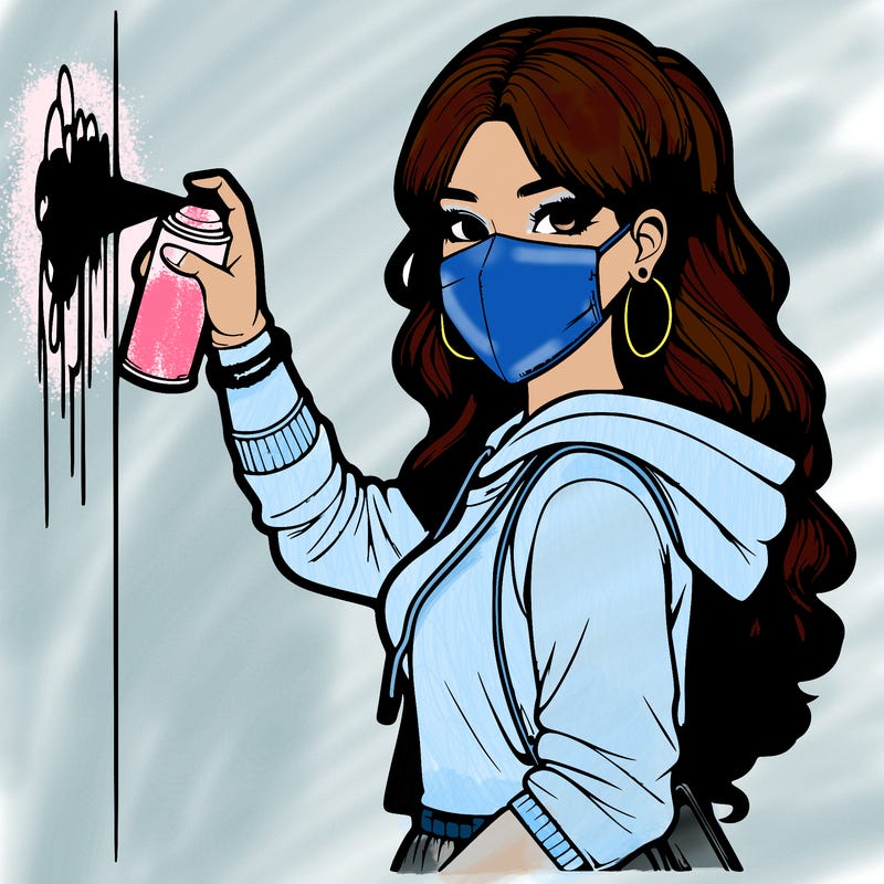 realistic girl with mask spray painting a wall