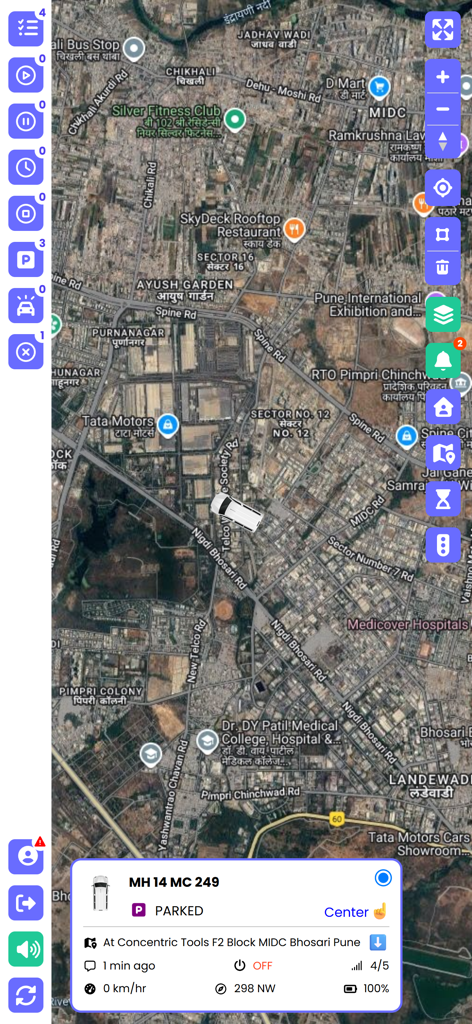 GPS India - Real-time satellite map interface showing a tracked vehicle location and status within the GPS India app.