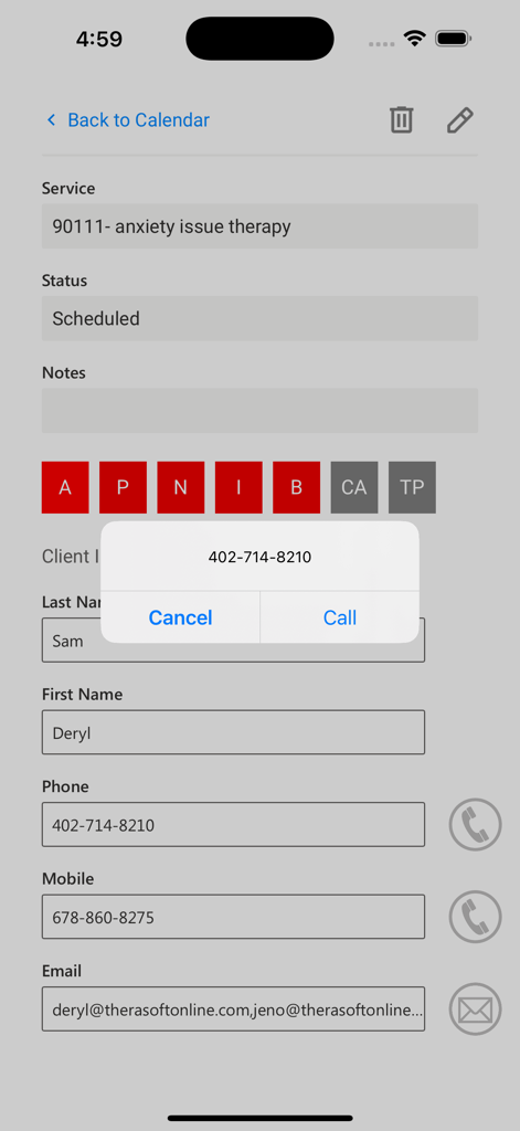 Interfaz de Therasoft Mobile mostrando los detalles de contacto del cliente y una opción de llamada telefónica para terapeutas.