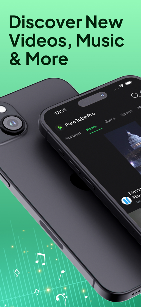 Deux iPhones affichant l'interface de l'application Pure Tube pour découvrir de nouvelles vidéos et de la musique