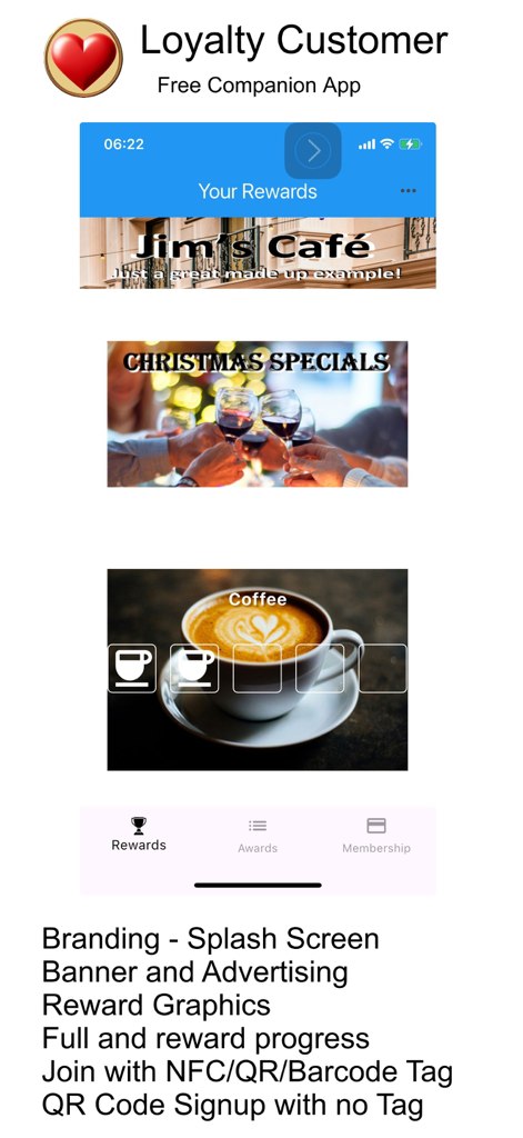 Loyalty Tag - Digital loyalty stamp card and promotional banner for a cafe in the Loyalty Customer mobile app