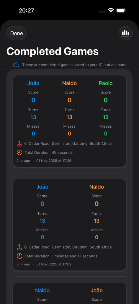 Screen displaying a history of completed cricket dart games with player statistics and location tags