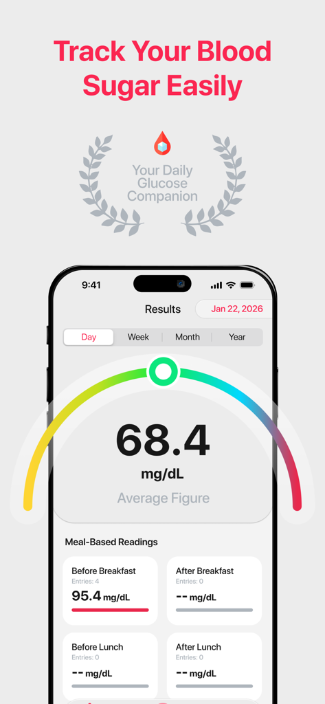 Glucose Monitor: Blood Sugar - Interfaz de la aplicación Glucose Monitor que muestra los niveles promedio de azúcar en sangre y las lecturas diarias