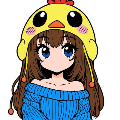 anime girl with chick shaped hat with sweater with bare shoulders with bangs covering them one eye with low tail