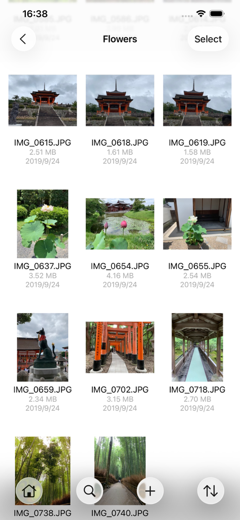 FTPManager Pro file manager displaying a grid of photos with file names and sizes.