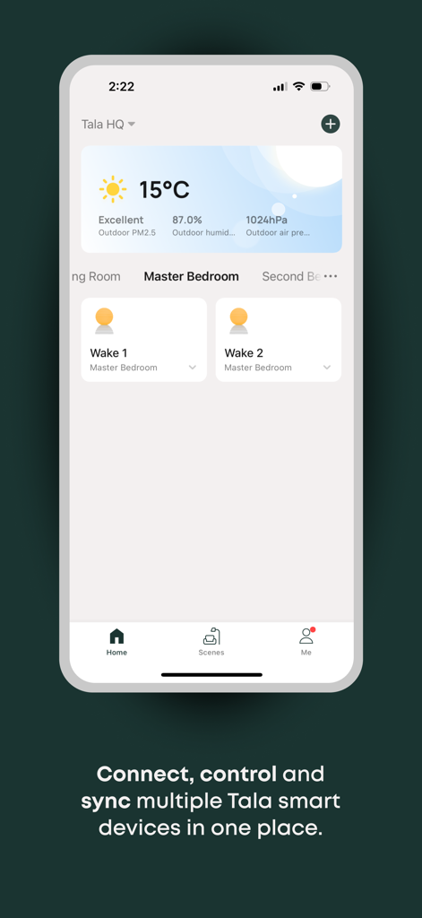 Tala - Panel de control de la aplicación Tala Smart mostrando controles de iluminación del dormitorio principal y estado del tiempo exterior
