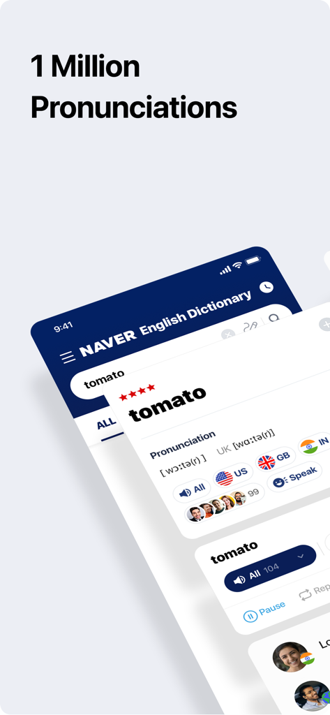 NAVER Dictionary - Interface do aplicativo Dicionário NAVER mostrando opções de pronúncia para tomate com sotaques dos EUA, Reino Unido e Índia