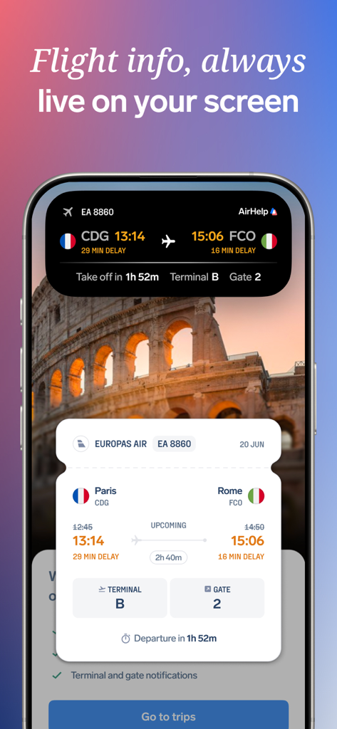 AirHelp・Flight Tracker & Claim - App AirHelp su schermo iPhone che mostra il monitoraggio dei voli in tempo reale e le informazioni sul terminal