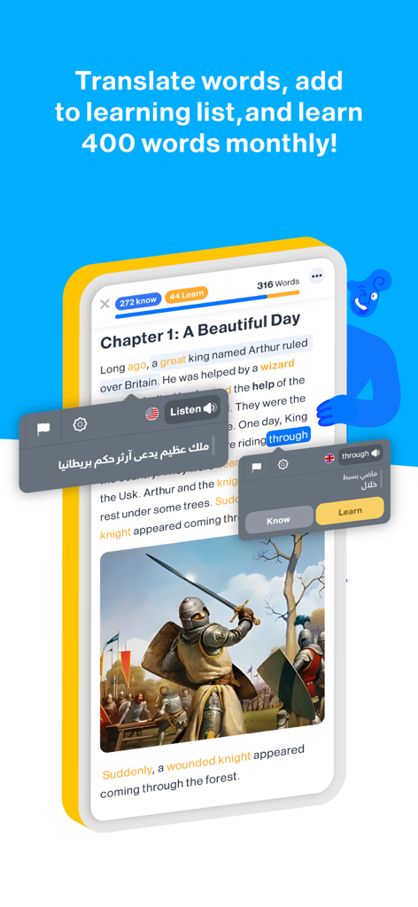 Learn English Easily - iStoria - Aplicación móvil iStoria que muestra una historia en inglés con traducción instantánea y seguimiento del progreso del vocabulario
