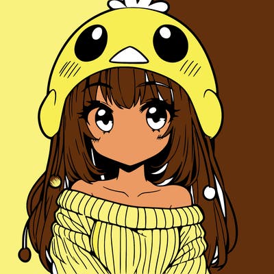 anime girl with chick shaped hat with sweater with bare shoulders with bangs covering them one eye with low tail