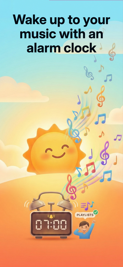 Trending Music Player - Illustration of an alarm clock set to 7 AM playing music from a playlist under a smiling rising sun