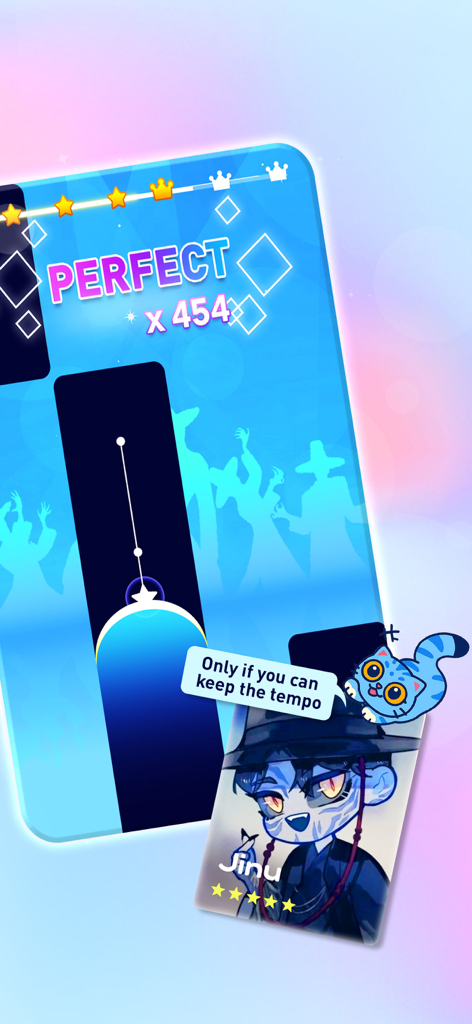 Gameplay screenshot of KPOP Piano Beat showing a high perfect combo score and a collectible character card