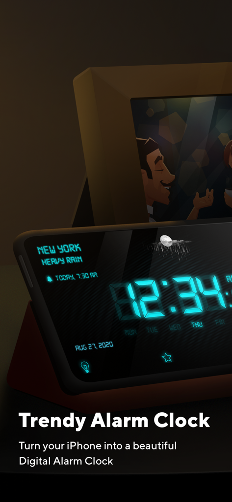 Alarm Clock: Music Sleep Timer - Trendy digital alarm clock display on iPhone nightstand showing time and weather