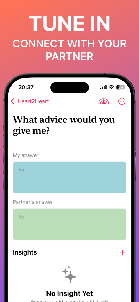 Smartphone screen of Heart2Heart app showing a relationship building question for partners to answer together