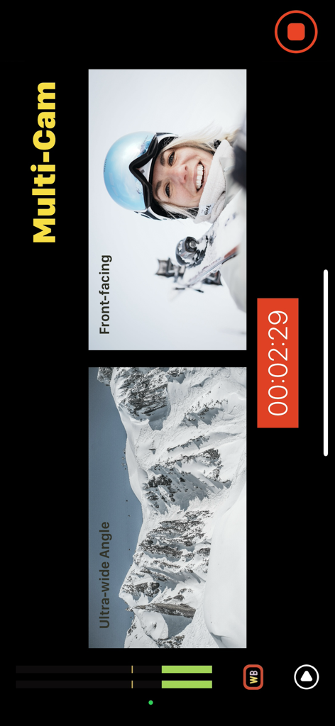 Split screen video recording interface in the DSLR Camera app featuring simultaneous front-facing and ultra-wide angle views.