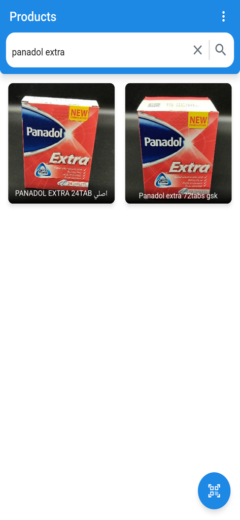 Mercato Images - Pantalla de la aplicación Mercato Images mostrando los resultados de búsqueda de Panadol Extra con fotos de productos y un botón de escaneo.