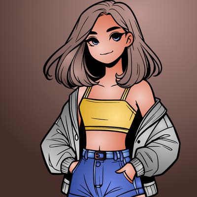 a realistic girl with a crop top and short shorts in an open jacket