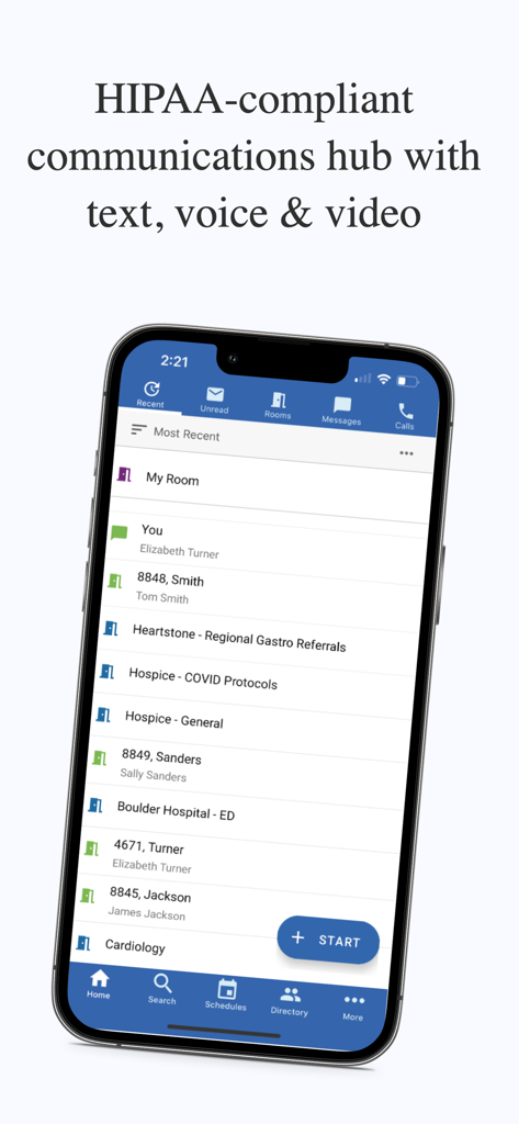 Backline+ - Backline plus app interface showing a HIPAA-compliant communications hub with virtual patient rooms and secure messaging for healthcare professionals
